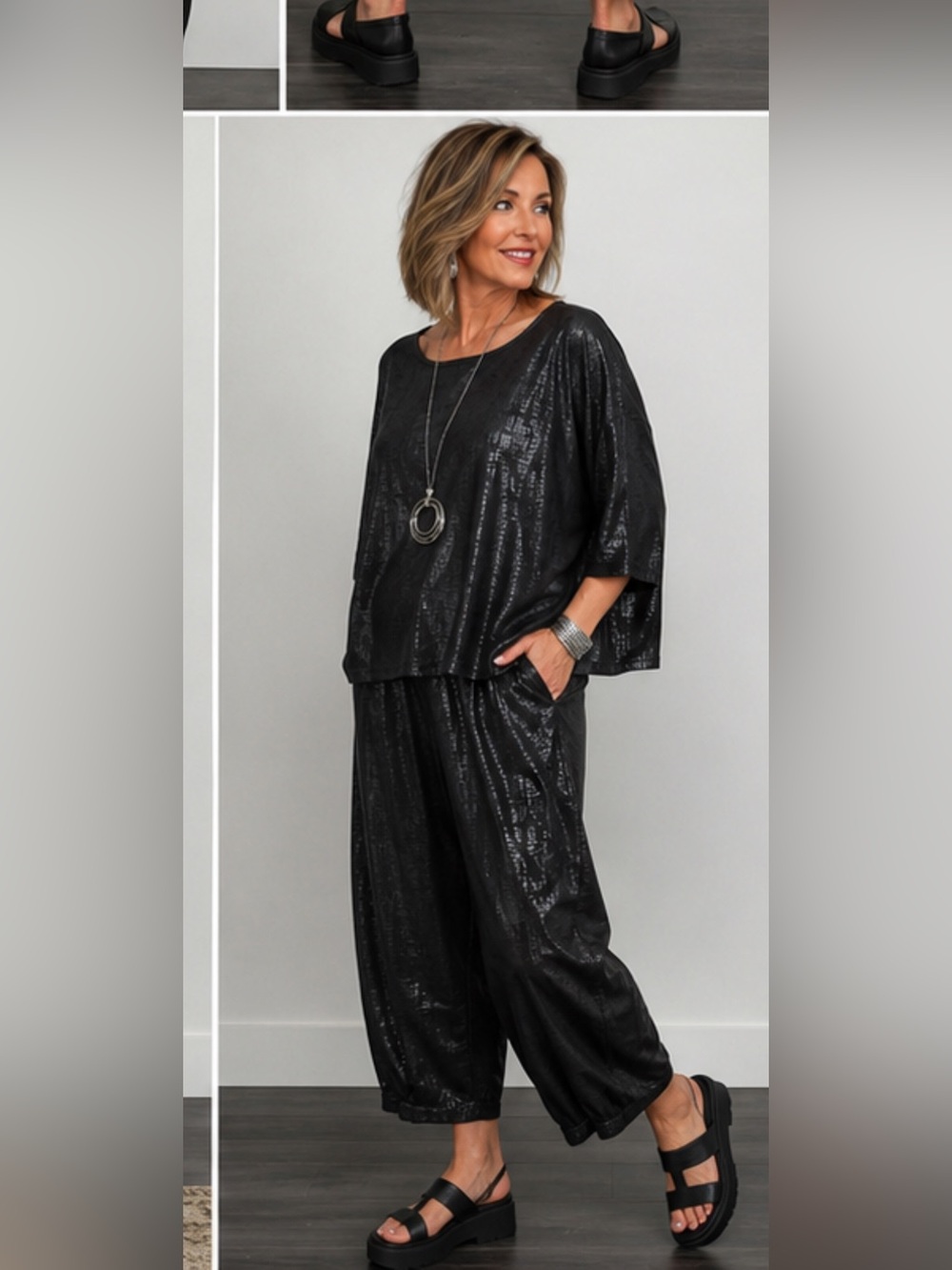 Alembika Metallic Shimmer 2 Piece Set Boxy Tunic Lantern Pants Size 6/XL